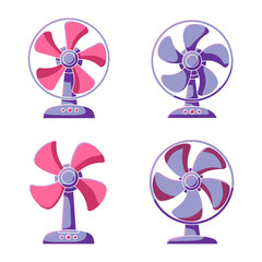 Four cartoon-style electric fans are displayed, two with pink blades and two with blue blades, all on stands, against a white background.