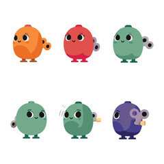 Six colorful, cartoon-style wind-up toy characters with big eyes, standing in two rows against a white background.