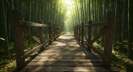 Obraz premium Wooden Bridge Through Lush Bamboo Forest Sunlight