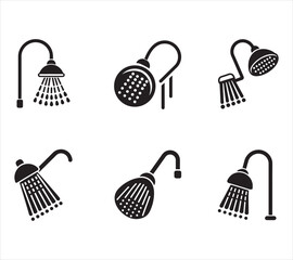 Collection of Shower Head Icon Illustrations in Black Silhouette Style for Bathroom and Plumbing Design Templates