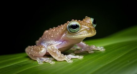 Obraz premium A small tree frog with big eyes sits on a vibrant green leaf