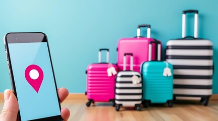 Hand holding smartphone with map pin near colorful luggage suitcases screen