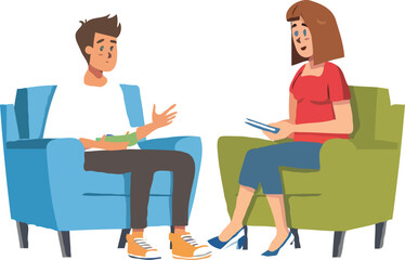 Illustration of a Therapy Session Man Talking to Therapist in Armchairs Professional Mental Health Support and Counseling Services