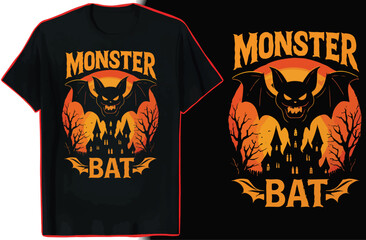 Scary Monster Bat Halloween T-shirt Design with Haunted Houses and Full Moon spooky