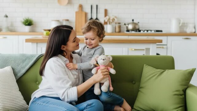 A joyful mother and her young child embrace on a cozy green couch in a bright kitchen with fresh fruits and kitchenware visible in the background capturing a warm family moment