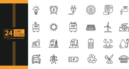 Collection of Energy and Resource Icons Representing Sustainability and Smart Grid Technologies Innovation for EcoFriendly Future