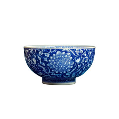 Blue and white porcelain bowl with intricate floral patterns, centered on a blue background, high-resolution photography, natural lighting, global illumination