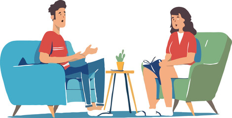 Two People Engaging in a Lively Conversation Sitting in Armchairs with a Small Table Between Them