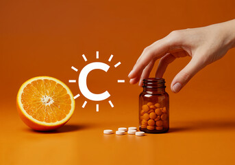 Hand reaching for Vitamin C pills next to a fresh orange and glowing 'C' icon