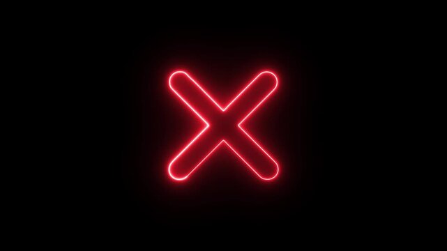 Glowing neon red cross mark icon with vibrant light effects, symbolizing error, cancel, wrong, or close actions. Futuristic digital interface style with soft glow and dark background