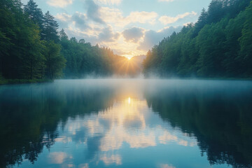 Fototapeta premium Trees reflect on calm lake under cloudy sky.