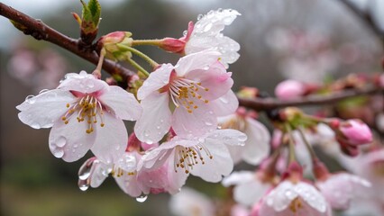 Obraz premium Close-up of Delicate Pink and White Cherry Blossoms with Water Droplets