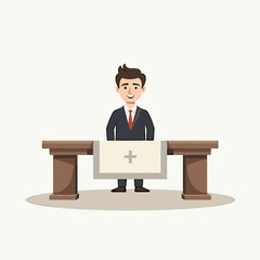 Smiling undertaker at funeral table, solemn remembrance