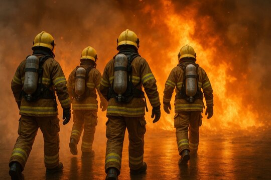  A dramatic rear view of firefighters in full gear approaching a massive fire, surrounded by thick smoke and glowing orange flames. The wet ground reflects the intense light, emphasizing teamwork and 