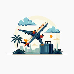 Airplane taking off above suitcase in cityscape, travel adventure