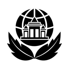 Global Organization Symbol with Buildings and Leaves Silhouette Representing Education and Nature Conservation