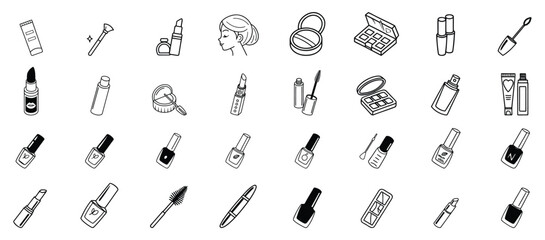 Black and white line art icons of various cosmetic products and beauty items lipstick