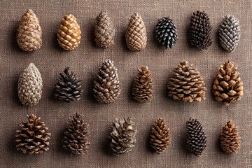 Fototapeta premium Top view of a natural collection of various pine cones arranged in rows on a textured burlap surface. The image highlights the diversity of shapes, sizes, and colors, perfect for themes related to nat