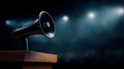 Megaphone placed on podium before press conference with dramatic lighting