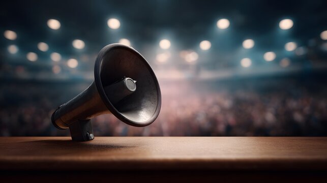 Megaphone on a podium before a press conference with media lighting