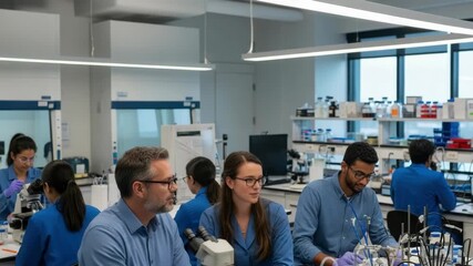 A diverse team of scientists collaborates in a modern laboratory analyzing samples under microscopes with various lab equipment and researchers engaged in background activities - Powered by Adobe