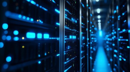 Illuminated server racks in a modern data center.