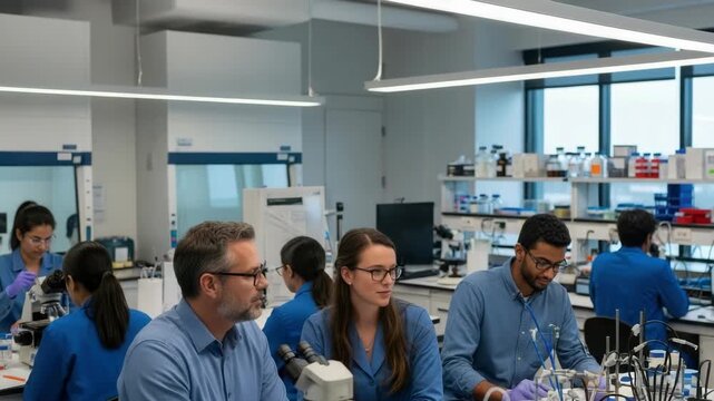 A diverse team of scientists collaborates in a modern laboratory analyzing samples under microscopes with various lab equipment and researchers engaged in background activities - Powered by Adobe