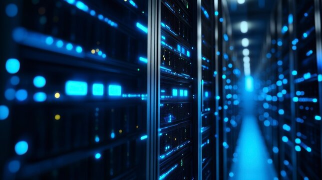 Illuminated server racks in a modern data center.