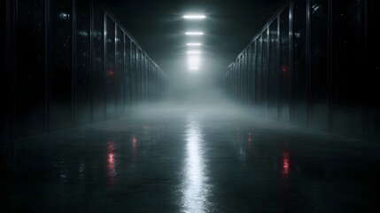 A dimly lit futuristic server room with historical data archives  long title A dark minimalist corridor leading through a secure server room filled