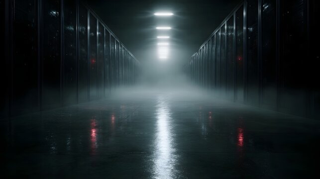 A dimly lit futuristic server room with historical data archives  long title A dark minimalist corridor leading through a secure server room filled