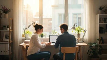 A couple collaborates on a project at a sunlit desk in a cozy home office surrounded by plants and warm light filtering through large windows creating an inviting workspace atmosphere - Powered by Adobe