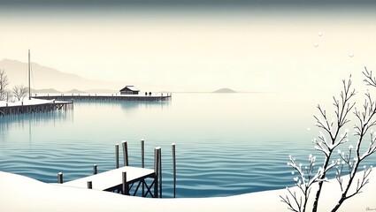 Obraz premium Winter landscape painting of lake with snow covered dock and trees art print for sale online