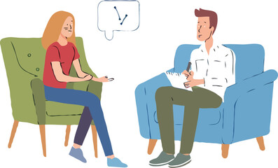 Illustration of Therapy Session Depicting a Patient Sharing Thoughts with a Therapist Taking Notes in a Lighthearted Style