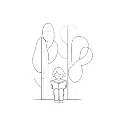 Girl reading book in forest trees illustration line art drawing sketch outline study nature education learning 100