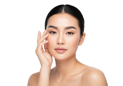 Closeup portrait of a young asian woman with perfect skin touching her face, isolated on transparent background