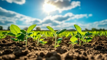 Young soybean plants growing in a field under a bright sunny sky.