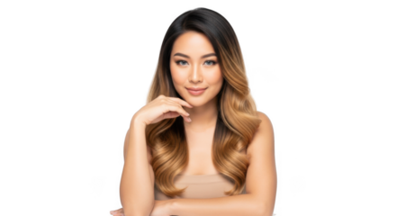 Beautiful young asian woman with long ombre hair, posing with hand on chin, isolated on transparent background