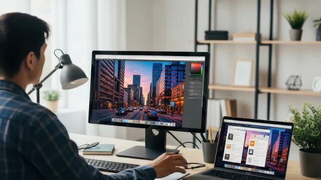 A focused individual working on digital editing in a modern office surrounded by urban cityscape views through large windows with a laptop displaying social media applications