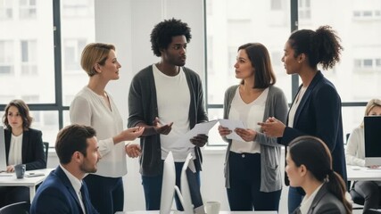 A diverse group of professionals engaged in a collaborative discussion in a modern office setting with colleagues working at desks in the background emphasizing teamwork and communication - Powered by Adobe