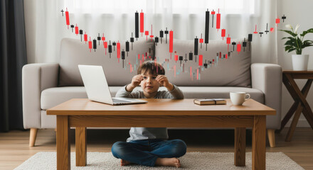 Young Boy Engaged in Financial Analysis and Investment Strategy Development Using a Laptop in a Comfortable Home Environment with Stock Market Data Visualization