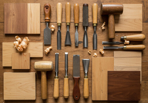 Woodworking tools displayed on a wooden workbench.