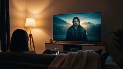 A cozy living room scene featuring a person watching a suspenseful television show on a large screen with soft lighting a glass of drink on the table and a warm blanket draped over the sofa
