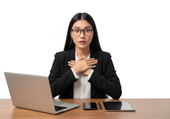 Surprised asian businesswoman with hands on chest looking at camera with laptop and devices on desk, isolated on transparent background