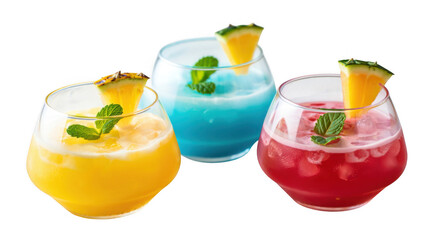 Fototapeta premium Three colorful frozen cocktails garnished with pineapple and mint isolated on transparent background