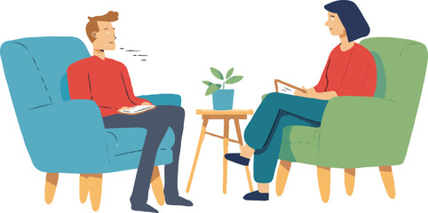 Therapy Session Illustration Featuring a Therapist and Patient in a Counseling Setting for Mental Health Awareness