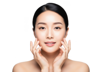 Closeup portrait of beautiful asian woman with perfect skin touching her cheeks, isolated on transparent background