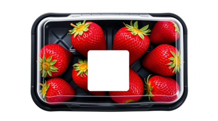 Black plastic tray containing fresh strawberries and blank label mockup packaging isolated on transparent background