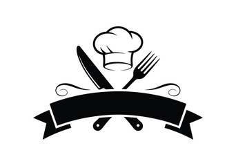chef logo with hat above crossed fork and knife, blank ribbon banner underneath symbolizing culinary service, cooking, and restaurant branding