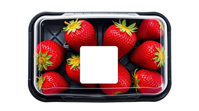 Black plastic tray containing fresh strawberries and blank label mockup packaging isolated on transparent background