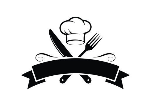 chef logo with hat above crossed fork and knife, blank ribbon banner underneath symbolizing culinary service, cooking, and restaurant branding